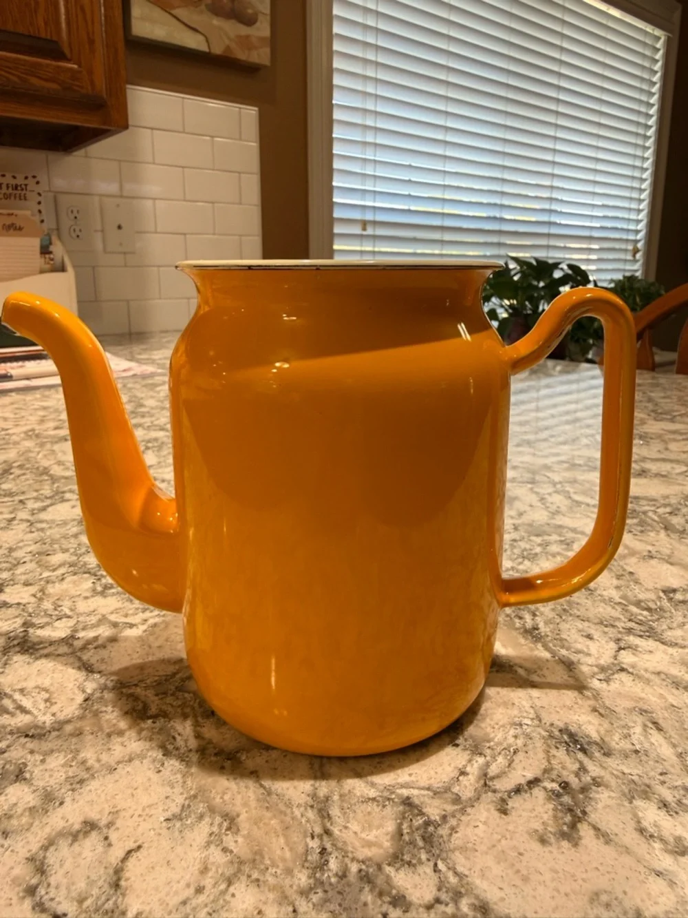 Charming Vintage Glossy Yellow Enamel Coffee Pot